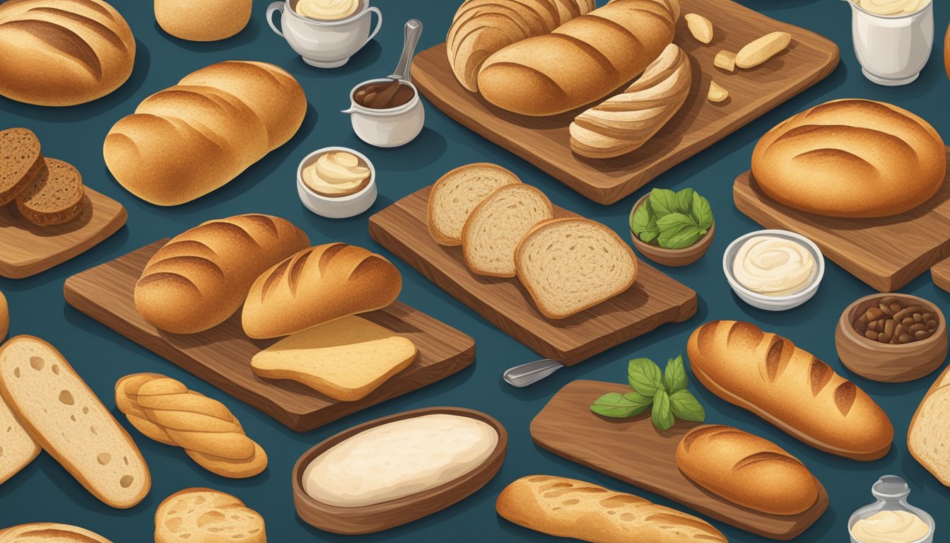 A rustic wooden table displays a variety of specialty bread alternatives, including ciabatta bread substitutes, arranged in an artful and appetizing manner