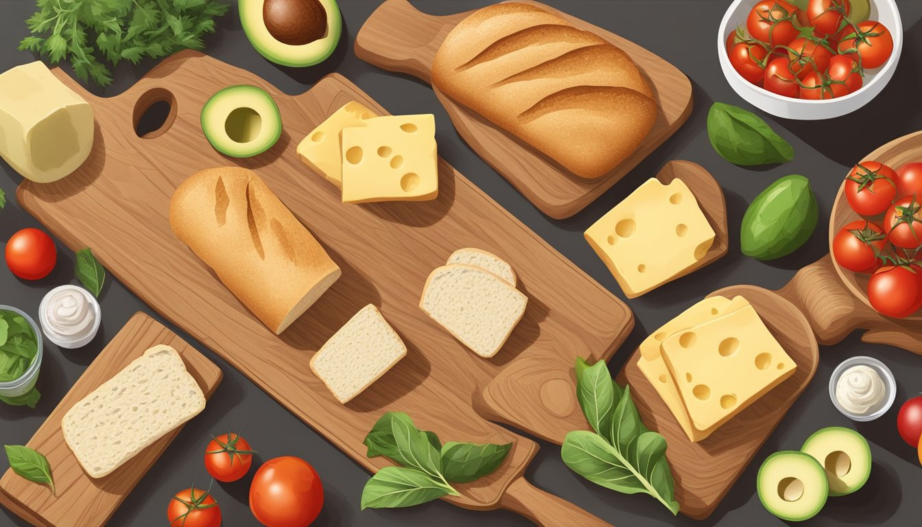 A variety of ciabatta bread substitutes arranged on a wooden cutting board with fresh ingredients like avocado, tomatoes, and cheese nearby