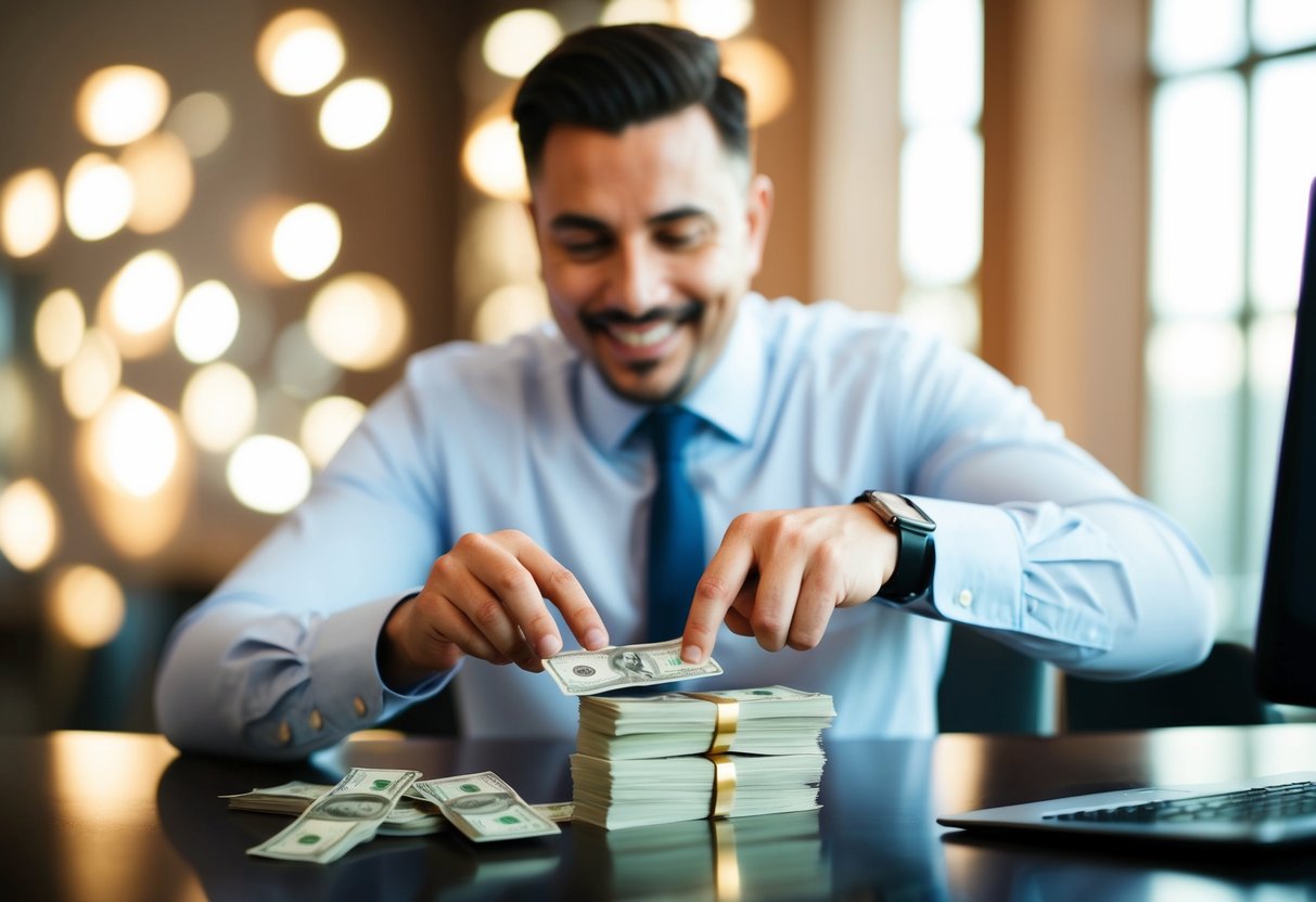 A celebrant counting a stack of money on a desk