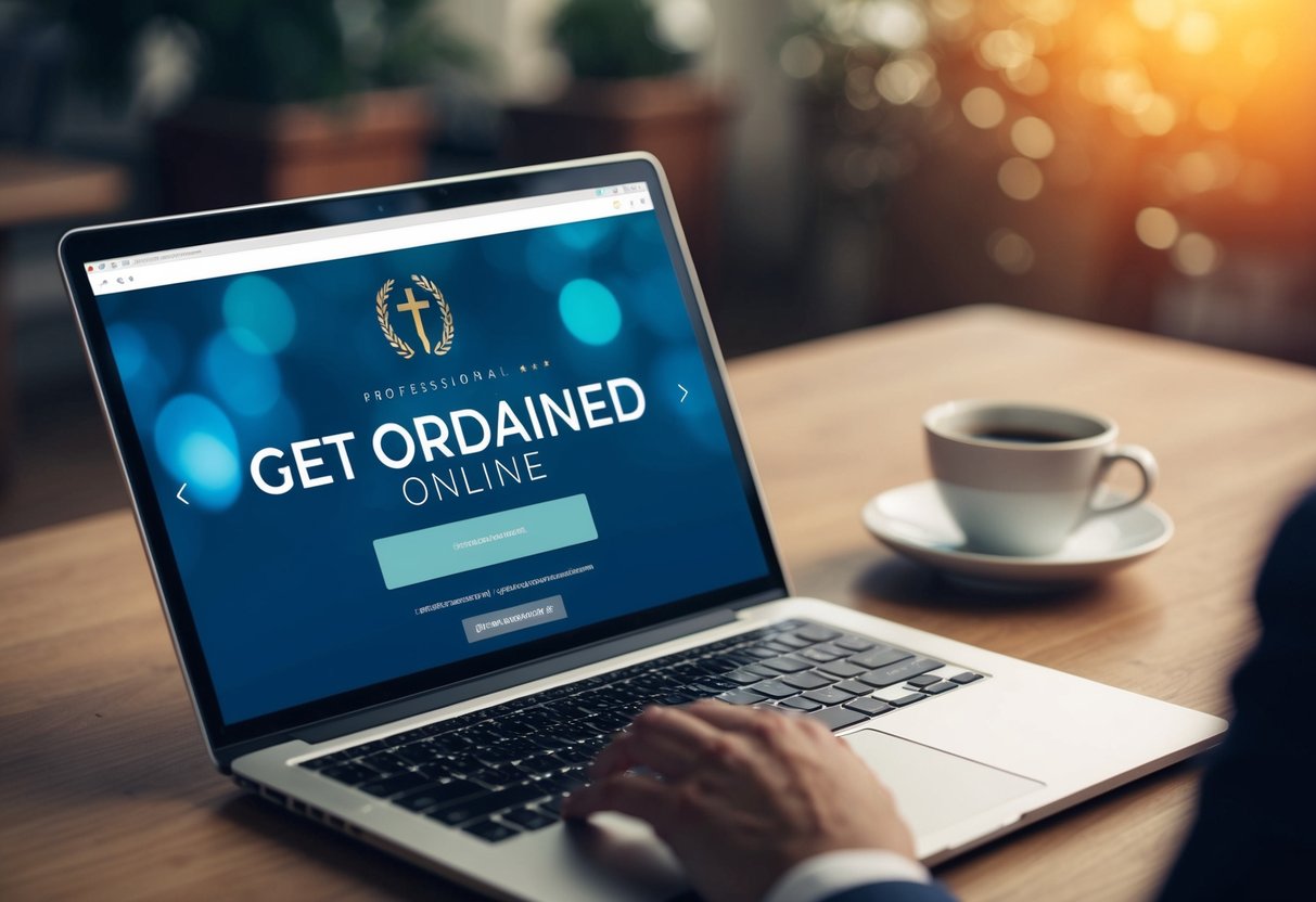 A laptop open to a website with a "Get Ordained Online" option