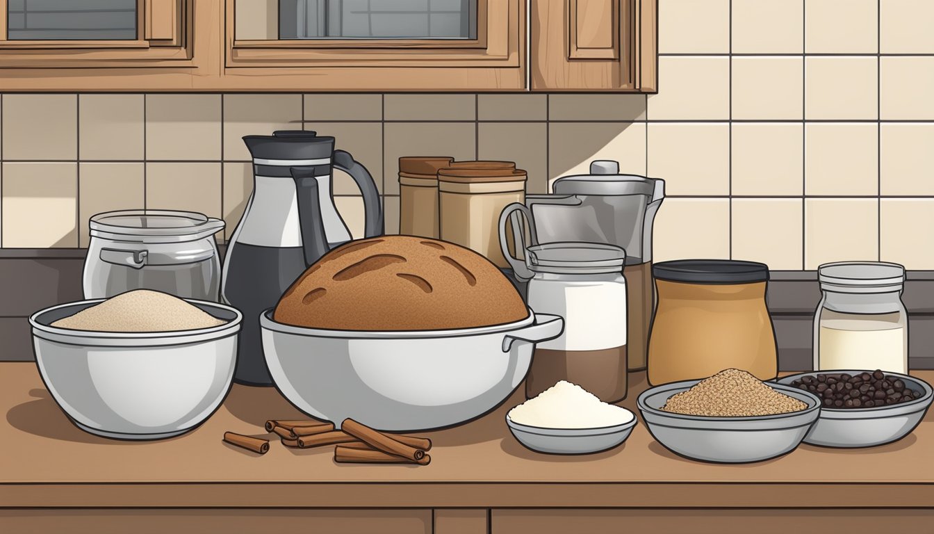 A kitchen counter with ingredients for cinnamon raisin bread, including flour, yeast, cinnamon, raisins, and a mixing bowl