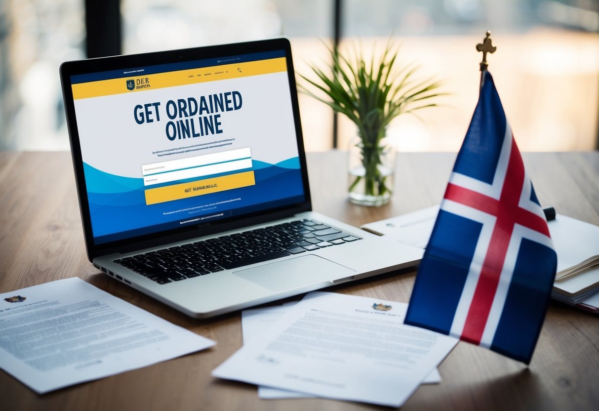 A laptop open to a website with a "Get Ordained Online" button, surrounded by legal documents and a UK flag