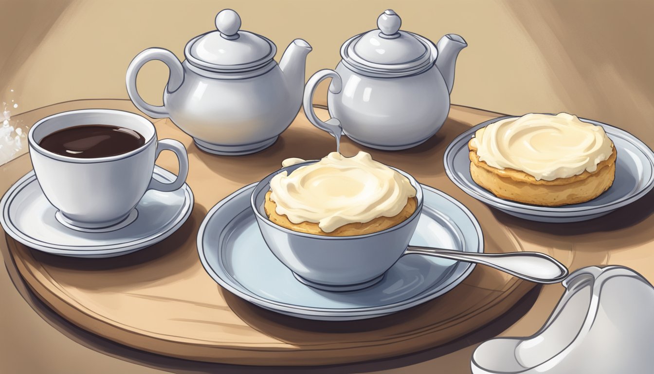 A dollop of clotted cream substitute being spread onto a scone, with a teapot and cups in the background