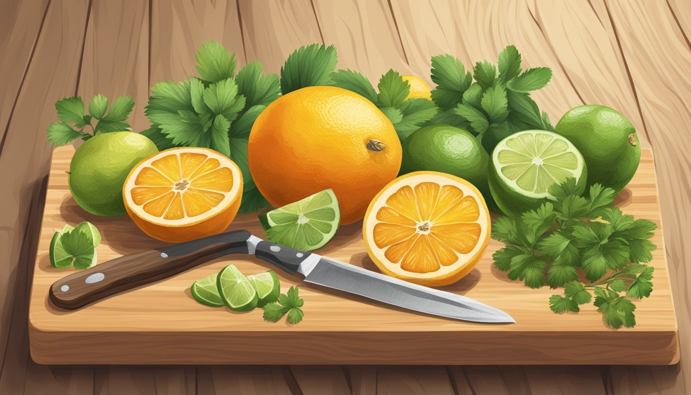 A variety of citrus fruits and cilantro sprigs arranged on a wooden cutting board, with a knife and small bowl of salt nearby