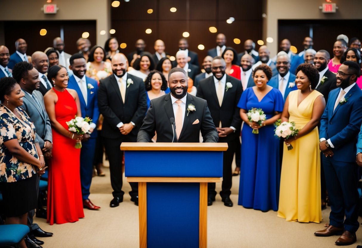 A celebrant stands at a podium, surrounded by a diverse group of people. A sense of joy and celebration fills the air as the celebrant leads a ceremony