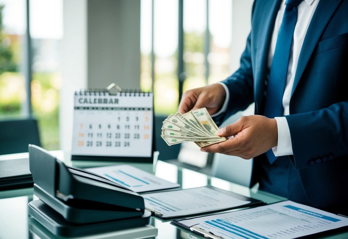 A celebrant counting money from a successful ceremony, with a calendar and business documents in the background