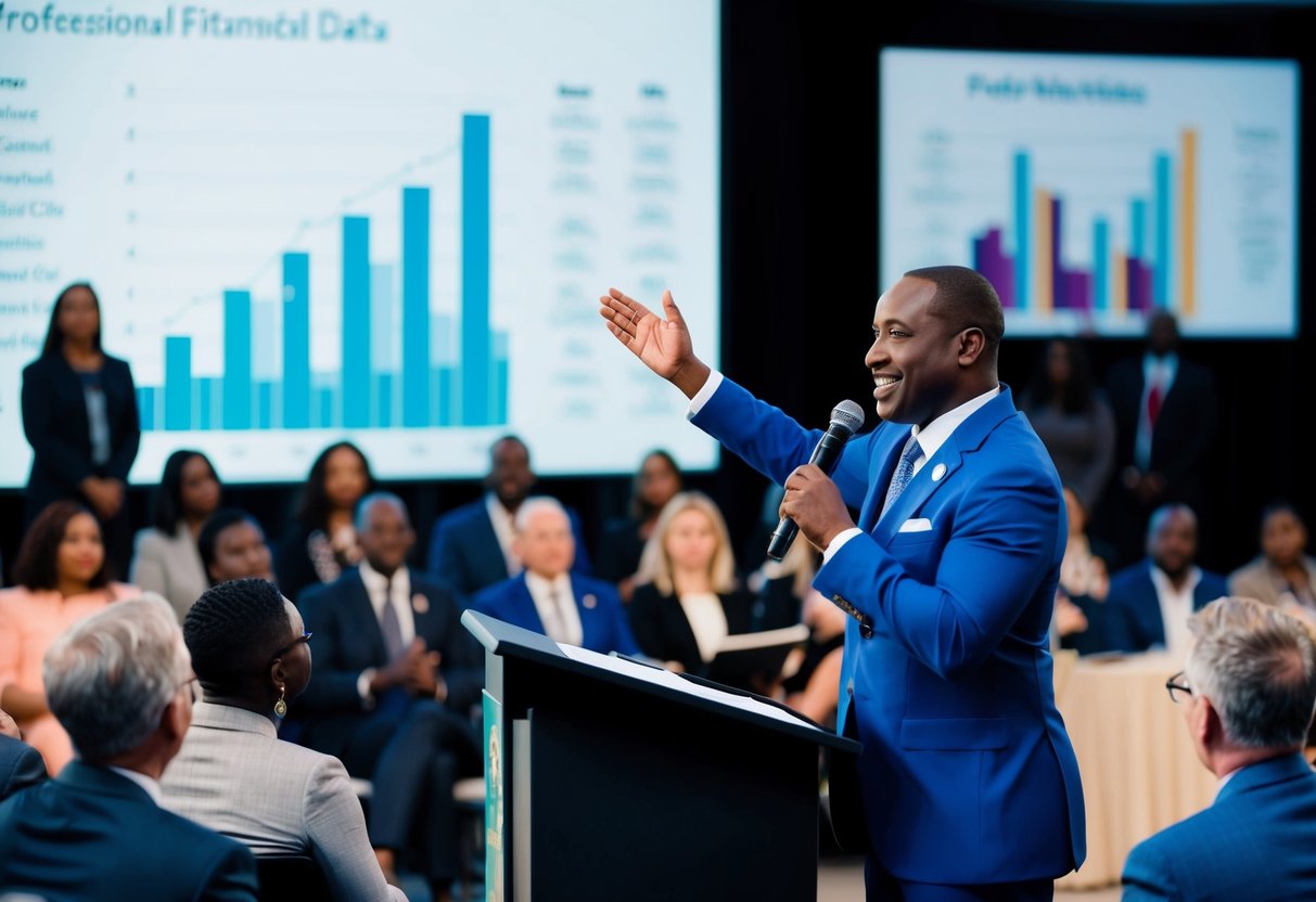 A celebrant stands at a podium, surrounded by a diverse audience. They hold a microphone and gesture confidently as they speak. A chart displaying financial data is projected onto a screen behind them