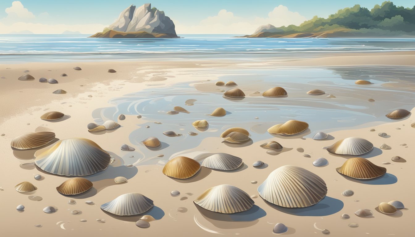 A beach at low tide, with scattered cockles and other shellfish exposed on the wet sand, with gentle waves in the background