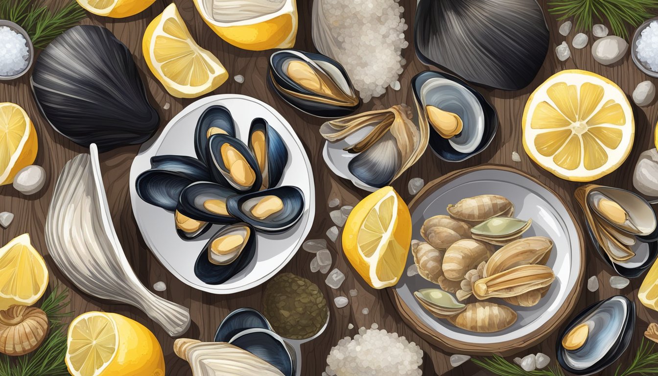 A variety of shellfish arranged on a wooden board, including mussels, clams, and oysters, with a bowl of lemon wedges and a small dish of sea salt