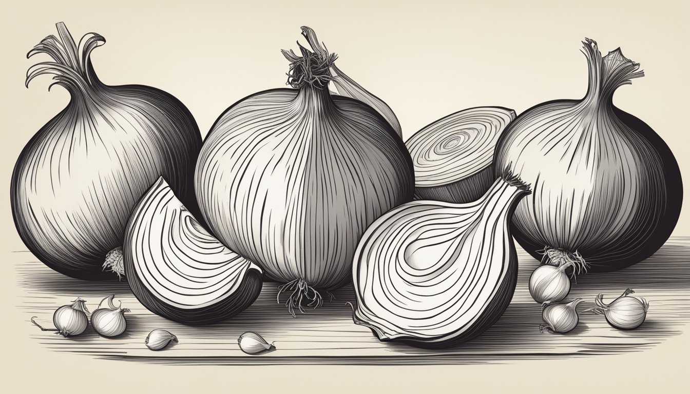 A variety of onion types arranged on a wooden cutting board