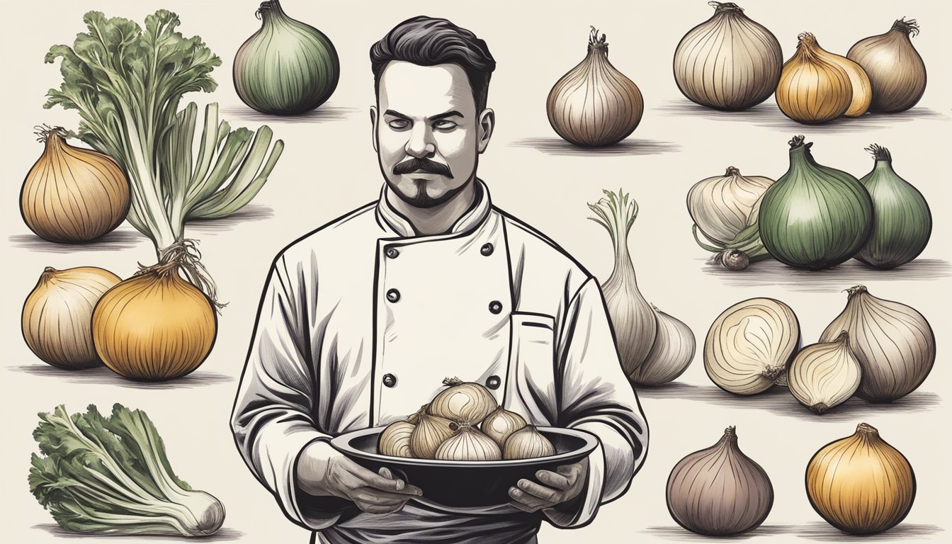 A chef carefully selects from a variety of onions, comparing their size, color, and texture