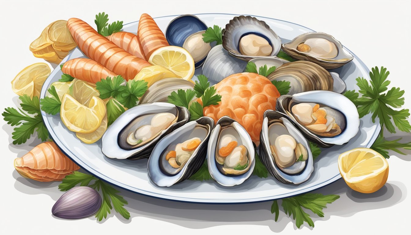 A plate of fresh cockles arranged next to various other types of seafood, such as clams, mussels, and oysters, creating a visually appealing seafood pairing