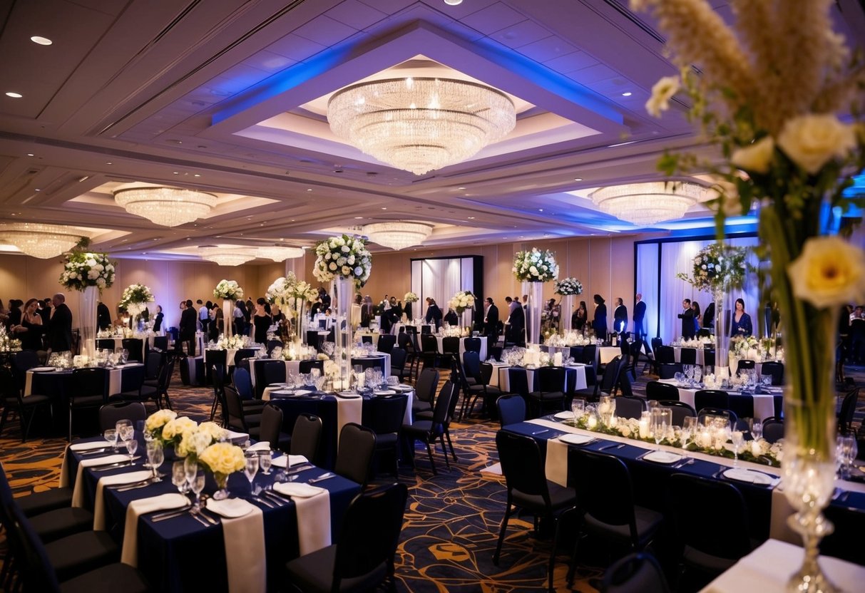 A bustling event venue with a diverse array of decorations and setups, showcasing the versatility of event planning compared to the more specialized focus of a wedding planner