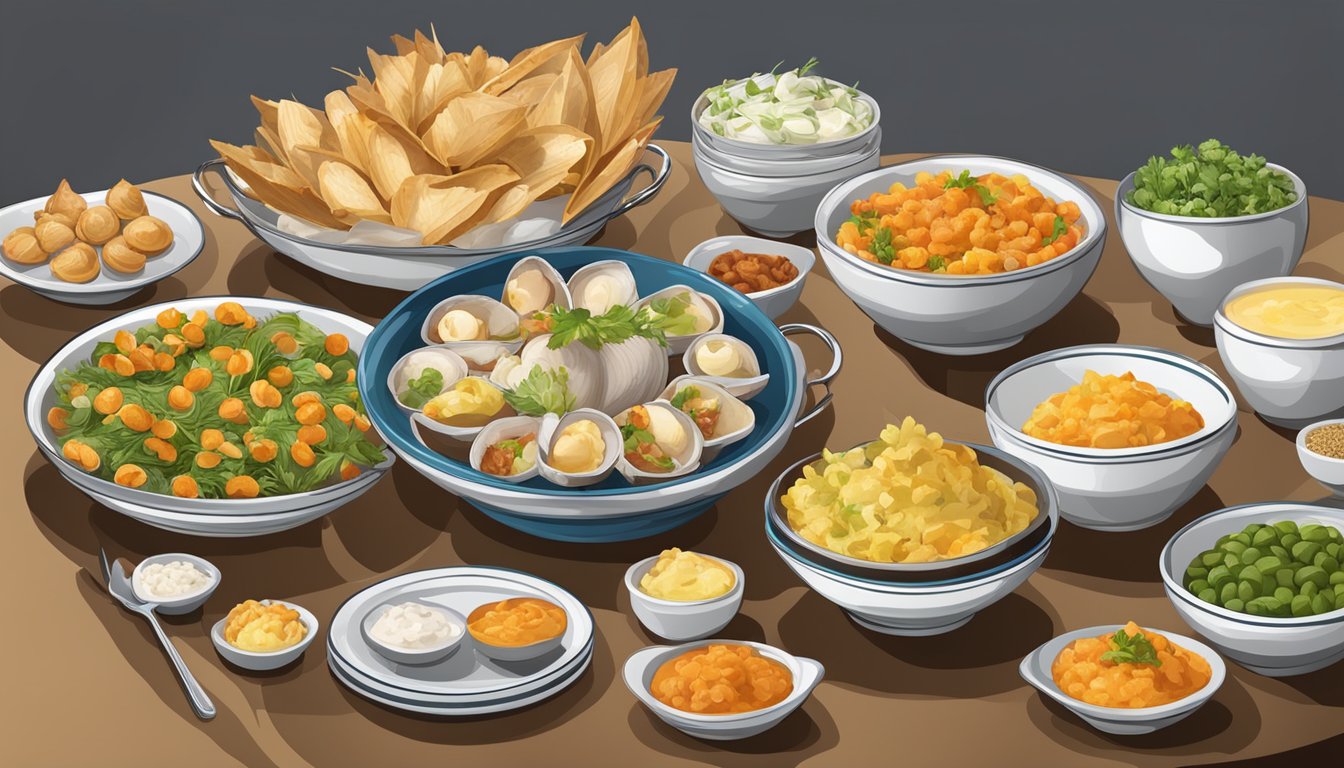 A table set with various side dishes and accompaniments, including cockles substitutes, arranged in an appetizing display