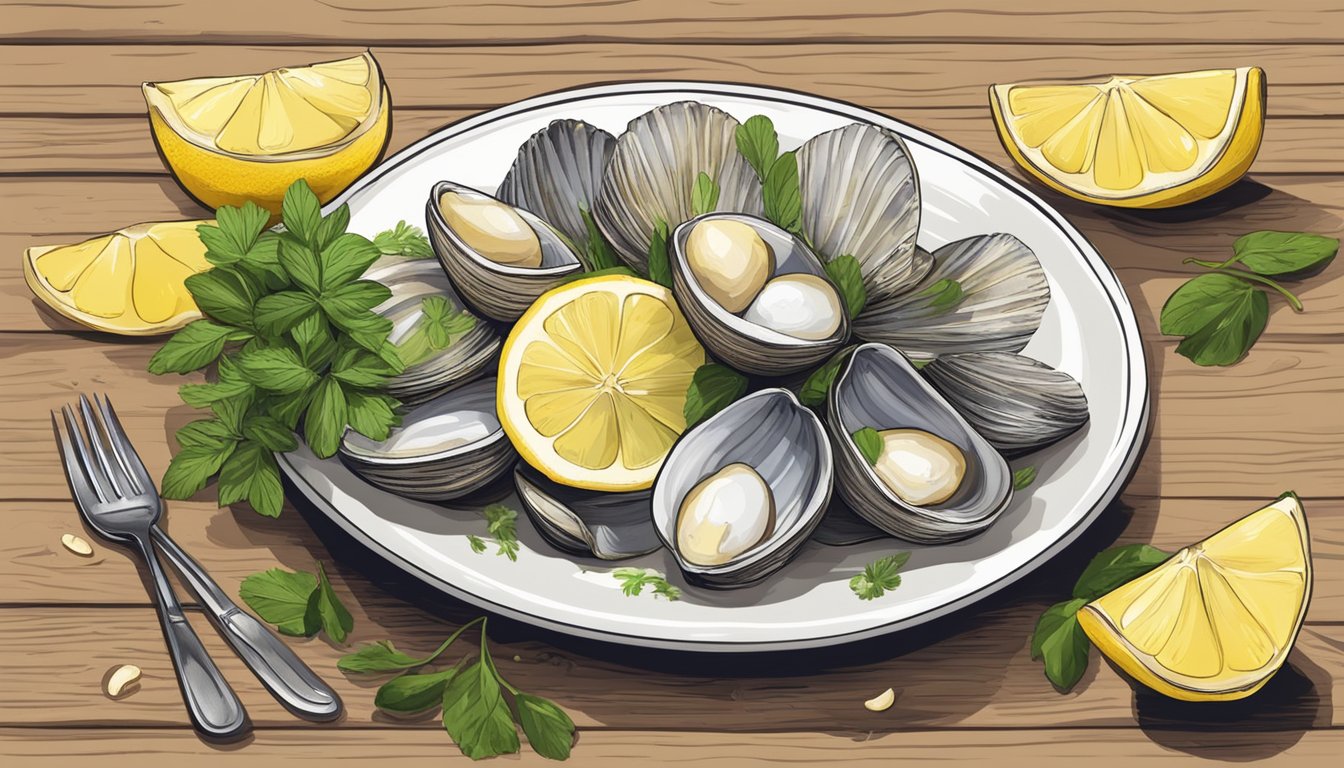 A rustic wooden table with a plate of steamed cockles, surrounded by lemon wedges, fresh herbs, and a small dish of melted butter