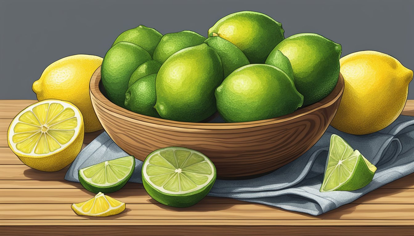 A bowl of sliced lemons and limes arranged on a wooden cutting board