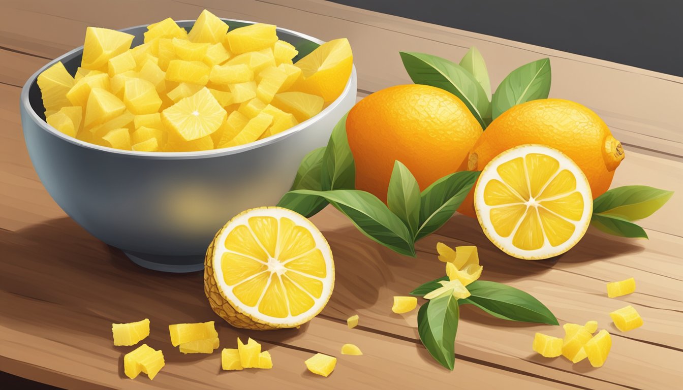 A bowl of diced pineapple, orange peel, and lemon zest arranged on a wooden cutting board