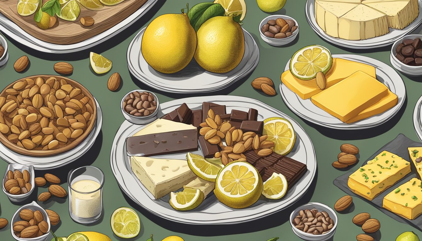 A platter with citron slices next to a variety of sweet and savory foods like cheese, nuts, and chocolate