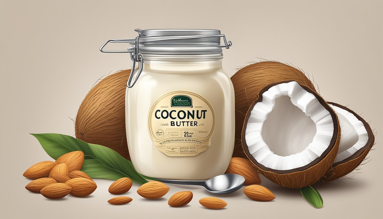 A jar of coconut butter surrounded by various alternative ingredients like almonds, cashews, and coconuts, with a kitchen scale and measuring spoons nearby