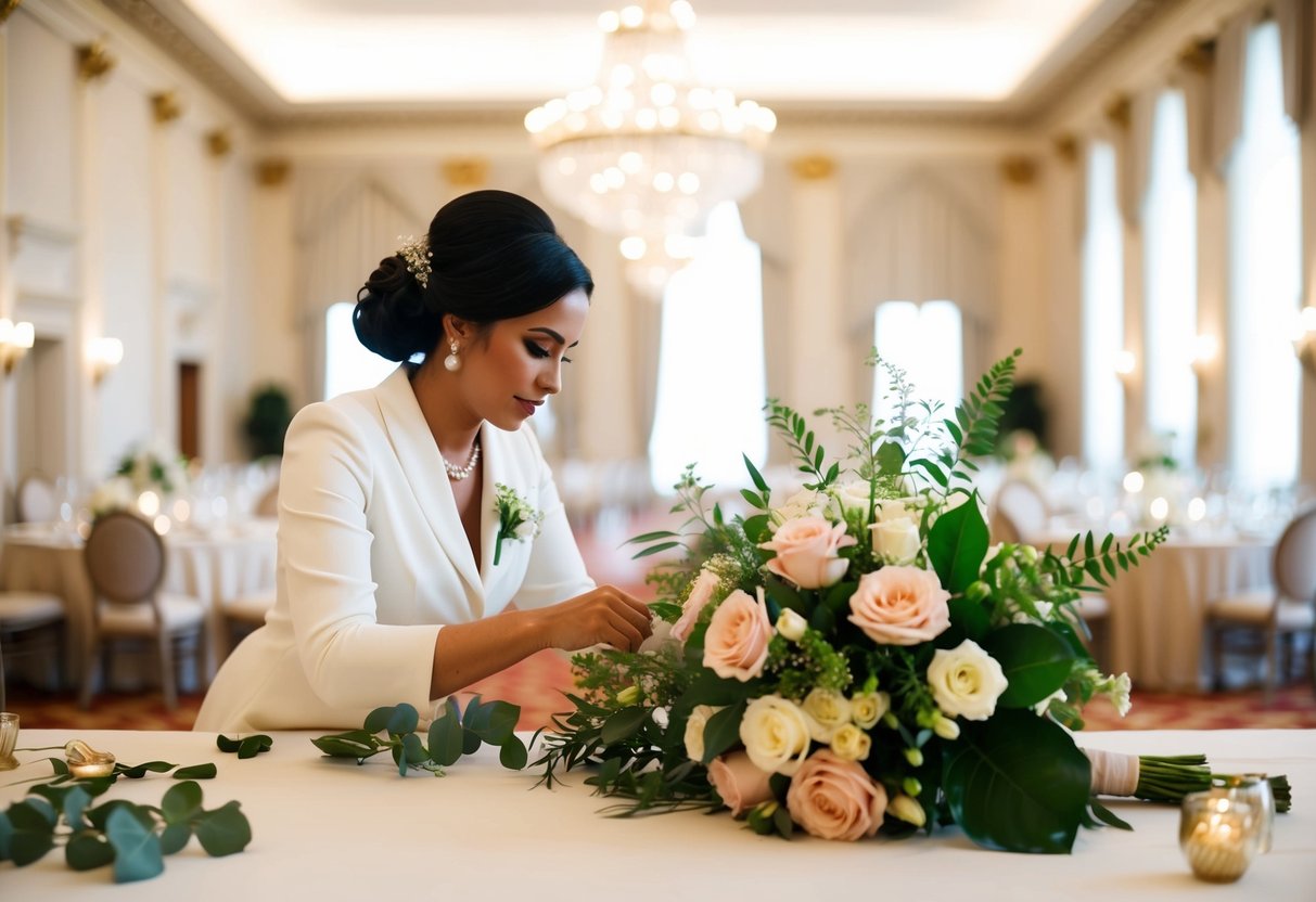 A wedding planner meticulously arranging flowers and decor in a grand ballroom