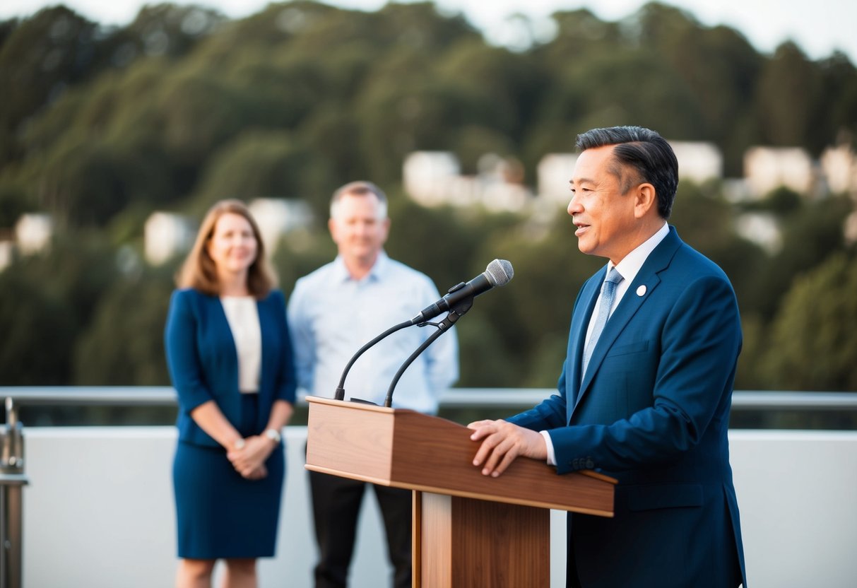 A person standing at a podium, speaking into a microphone, with a couple standing in front of them