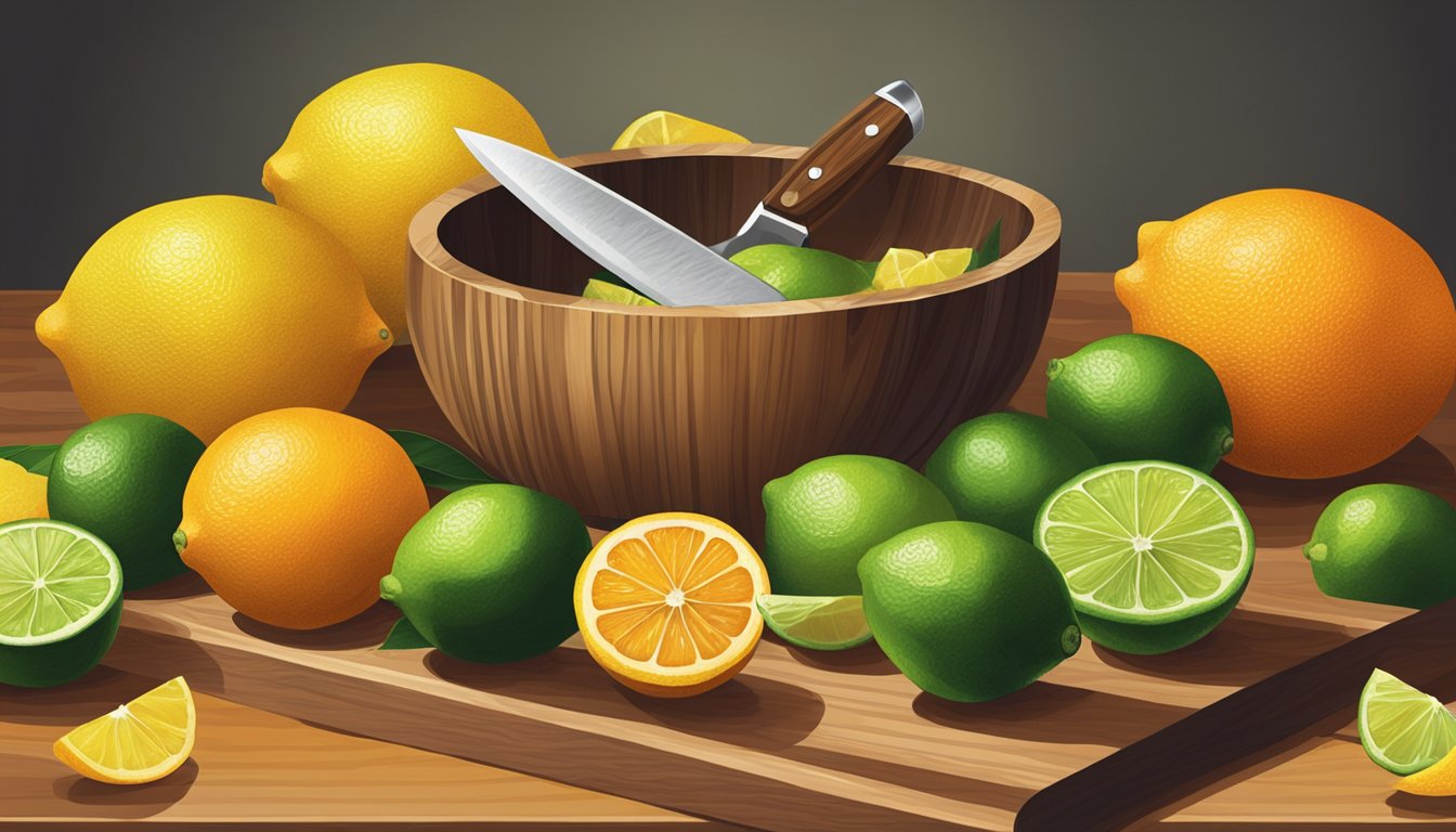 A bowl of lemons, limes, and oranges arranged on a wooden cutting board with a knife slicing through the citrus fruits