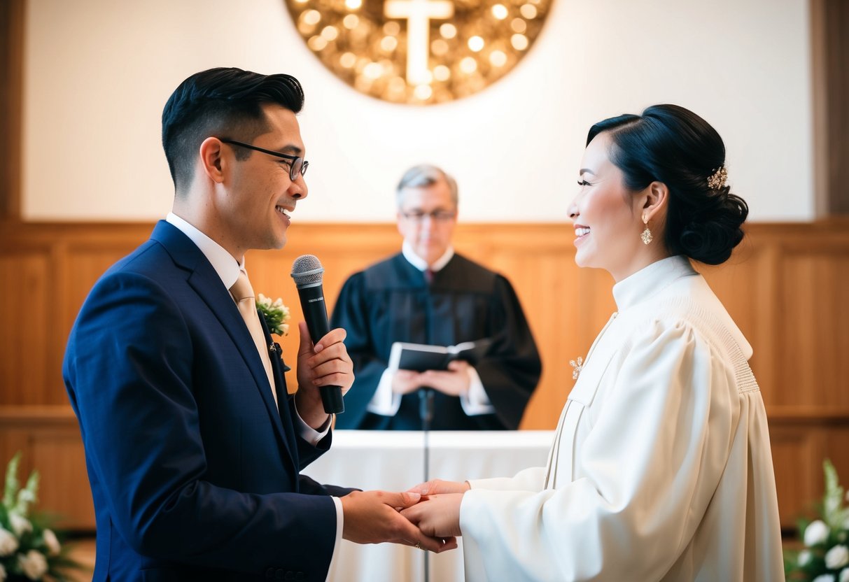 An officiant standing at an altar with a couple in front, speaking into a microphone