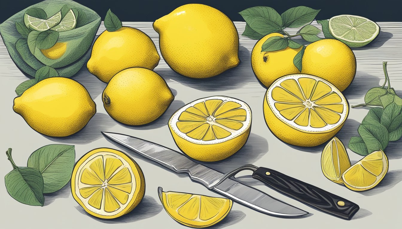 A table with various fruits and a knife slicing a lemon to show how citron substitutes are conserved