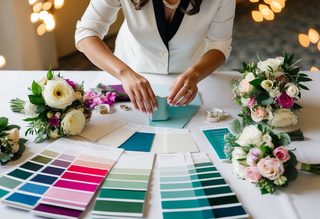 A wedding planner surrounded by color swatches, fabric samples, and floral arrangements, organizing details for a grand event