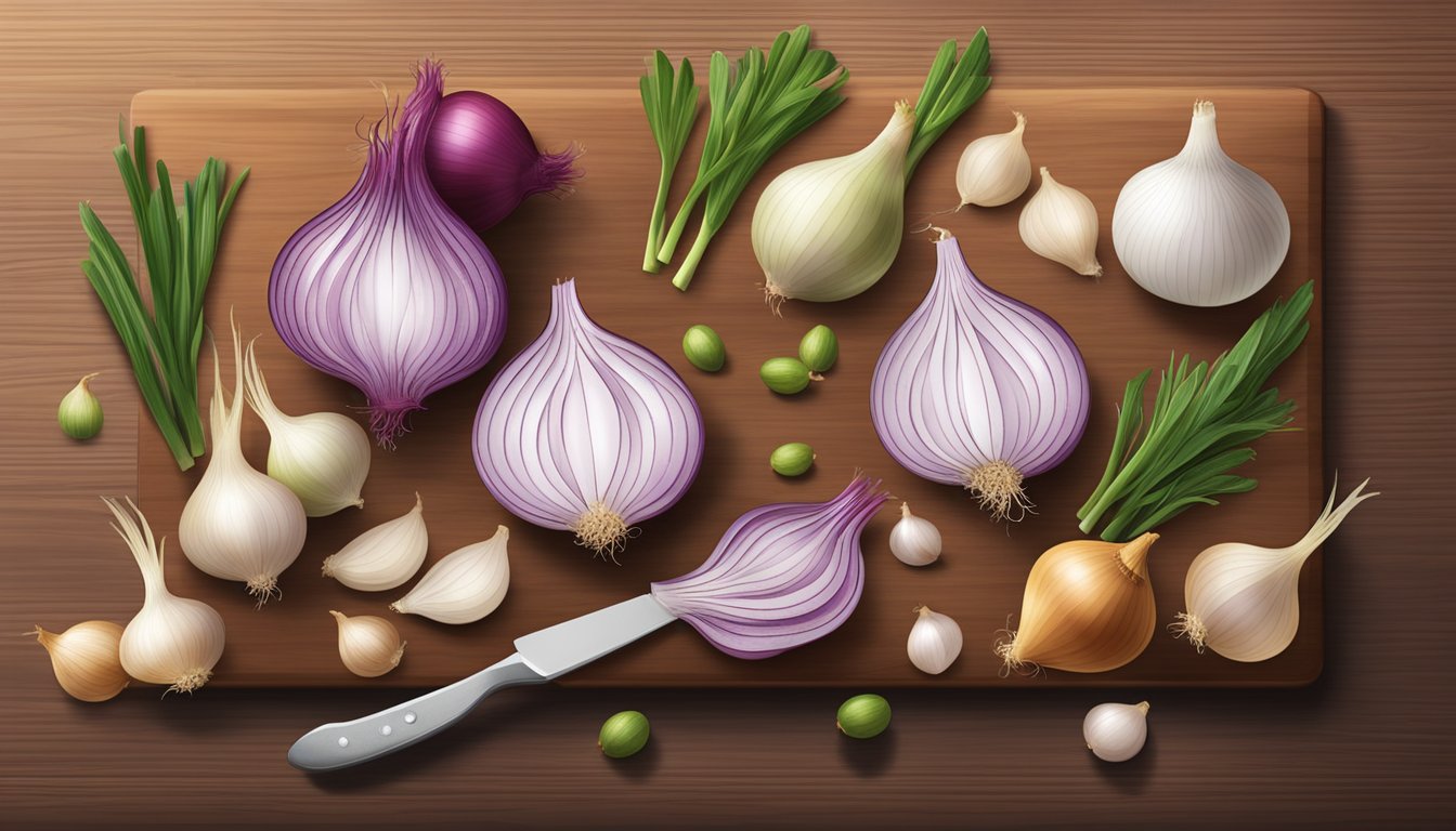 A cutting board with cipollini onions and alternative substitutes, such as shallots and pearl onions, arranged in a row