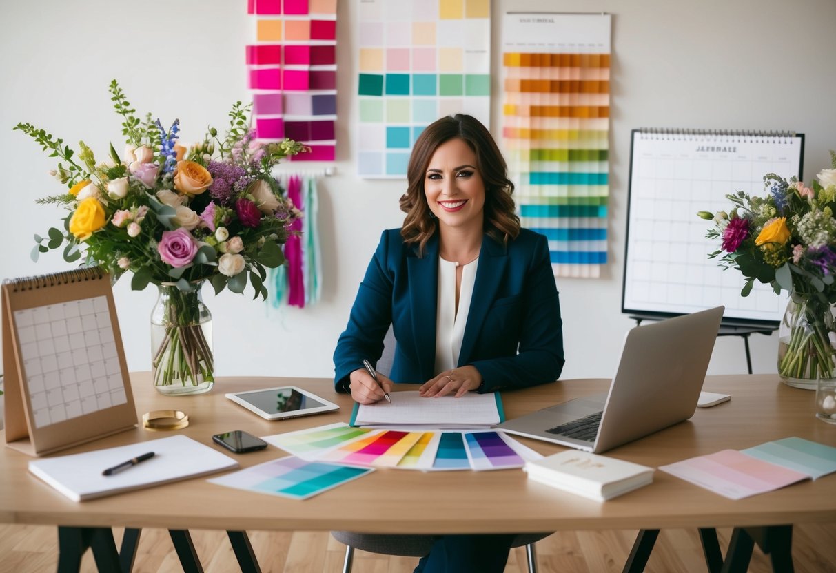 A wedding planner at a desk, surrounded by colorful swatches, floral arrangements, and a calendar, with a laptop and phone nearby