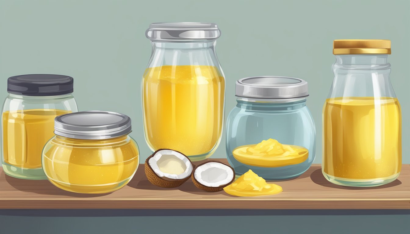 A clear glass jar filled with golden clarified butter, surrounded by small dishes of potential substitutes like ghee and coconut oil