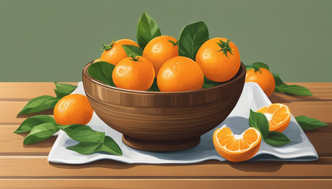 A bowl of clementines, with their bright orange peels and leafy green stems, arranged on a wooden table