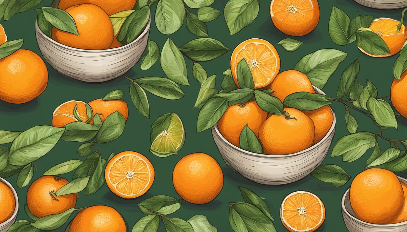 A bowl of ripe oranges and tangerines sit on a rustic wooden table, surrounded by scattered green leaves and a few scattered clementine peels