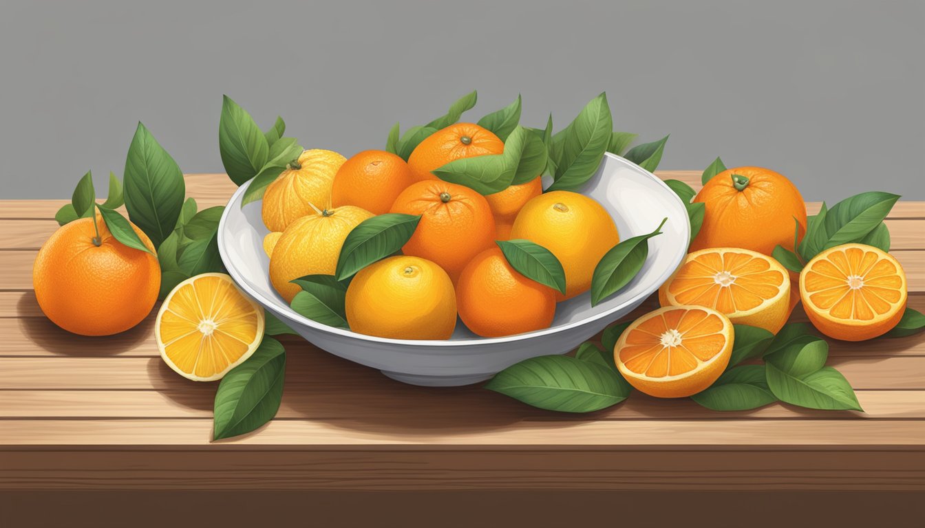 A bowl filled with assorted citrus fruits, including tangerines, mandarins, and satsumas, arranged on a wooden table