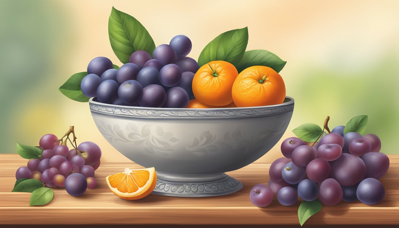 A bowl of clementines with a variety of non-citrus fruits such as apples, pears, and grapes arranged on a wooden table