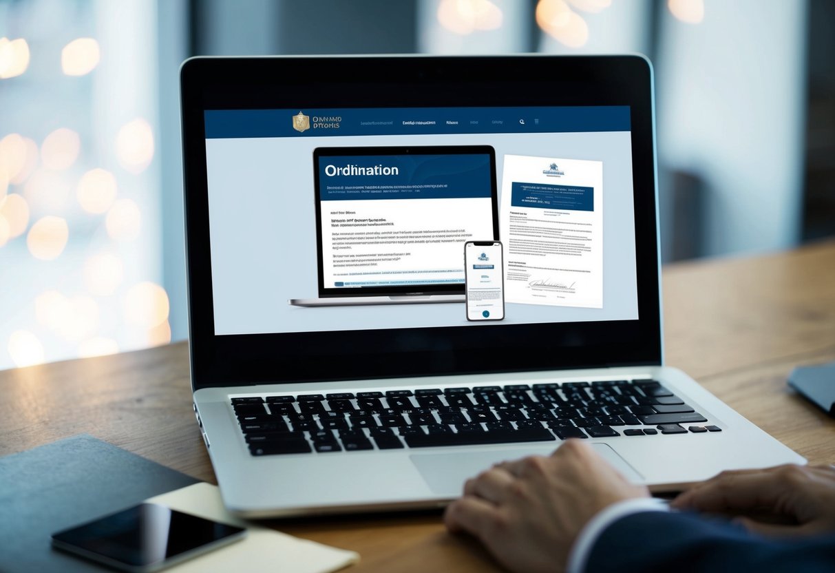 A laptop open to a website offering online ordination, with a UK legal document and a certificate displayed on the screen