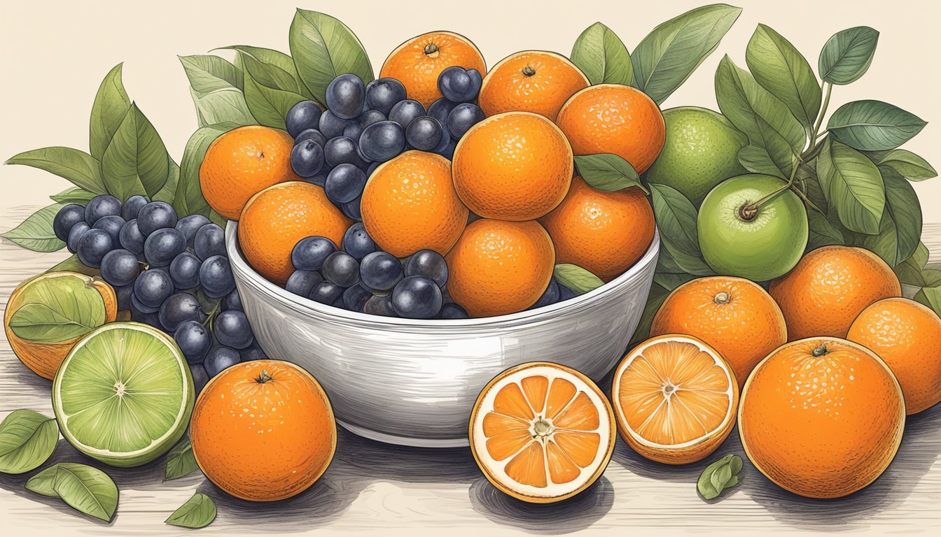 A bowl of clementines surrounded by various alternative fruits like oranges, tangerines, and grapefruits, with a nutrition label in the background