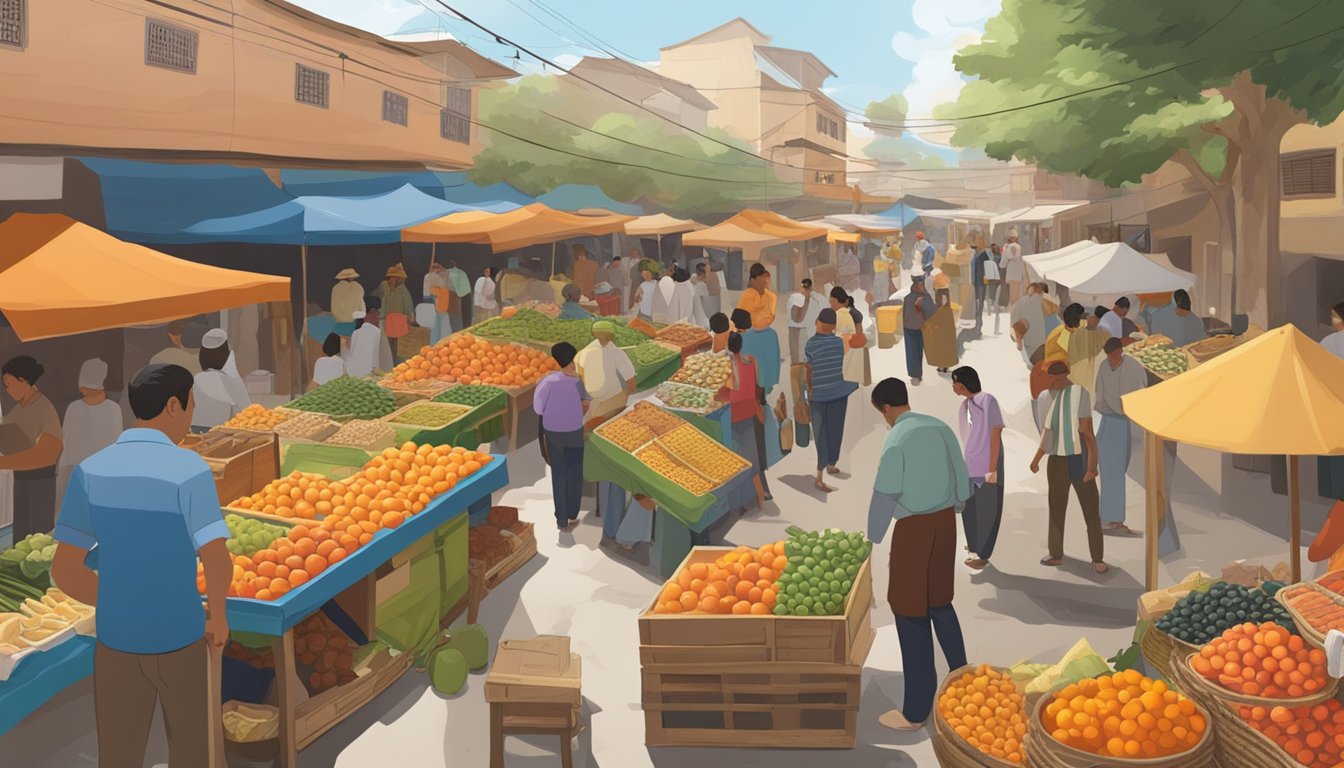 A bustling market with diverse fruits, including clementines, displayed alongside local cultural artifacts and traditional music playing in the background