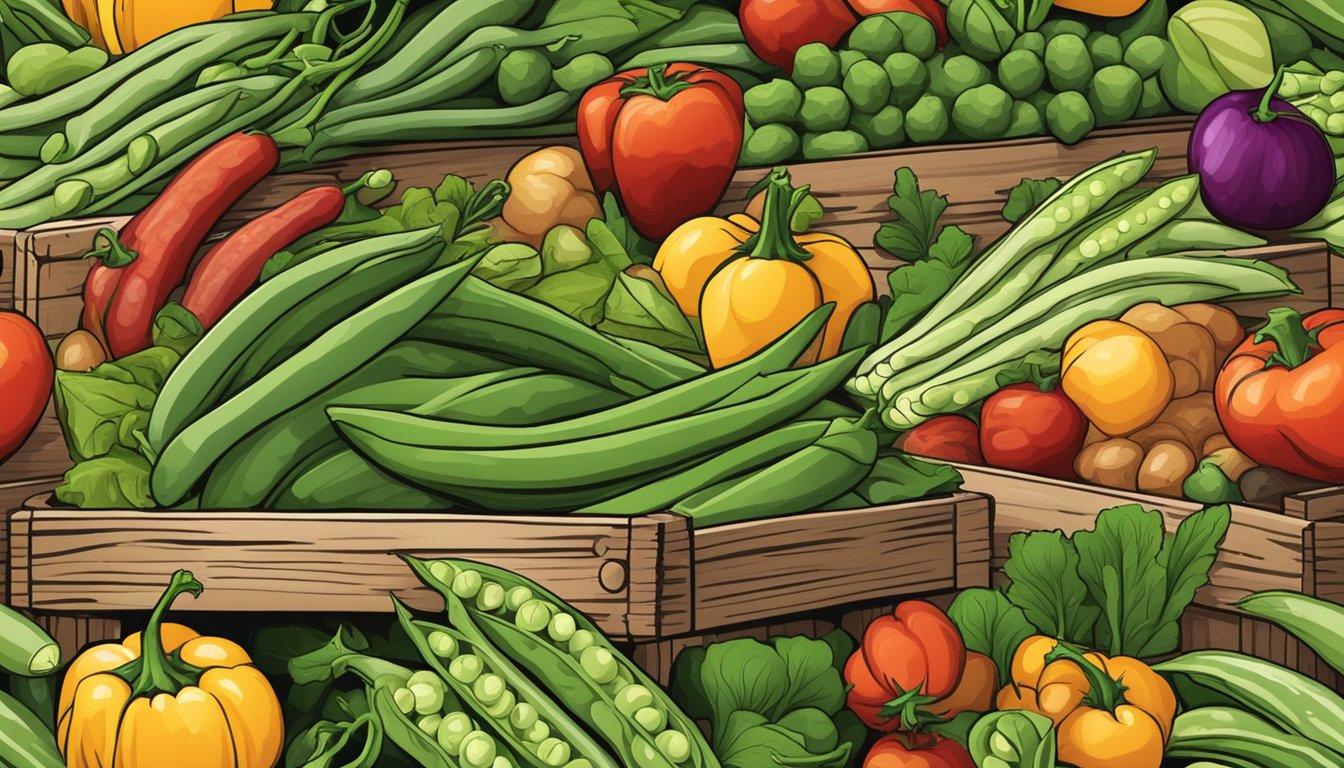 A colorful array of fresh vegetables, including green beans, peas, and okra, arranged in a rustic wooden crate