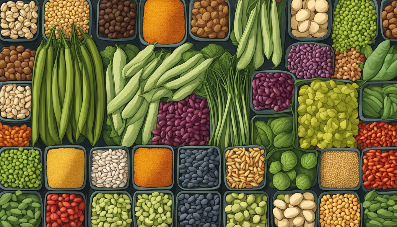 A cluster of specialty substitutes for cluster beans, including various vegetables and legumes, arranged in a vibrant and appealing display