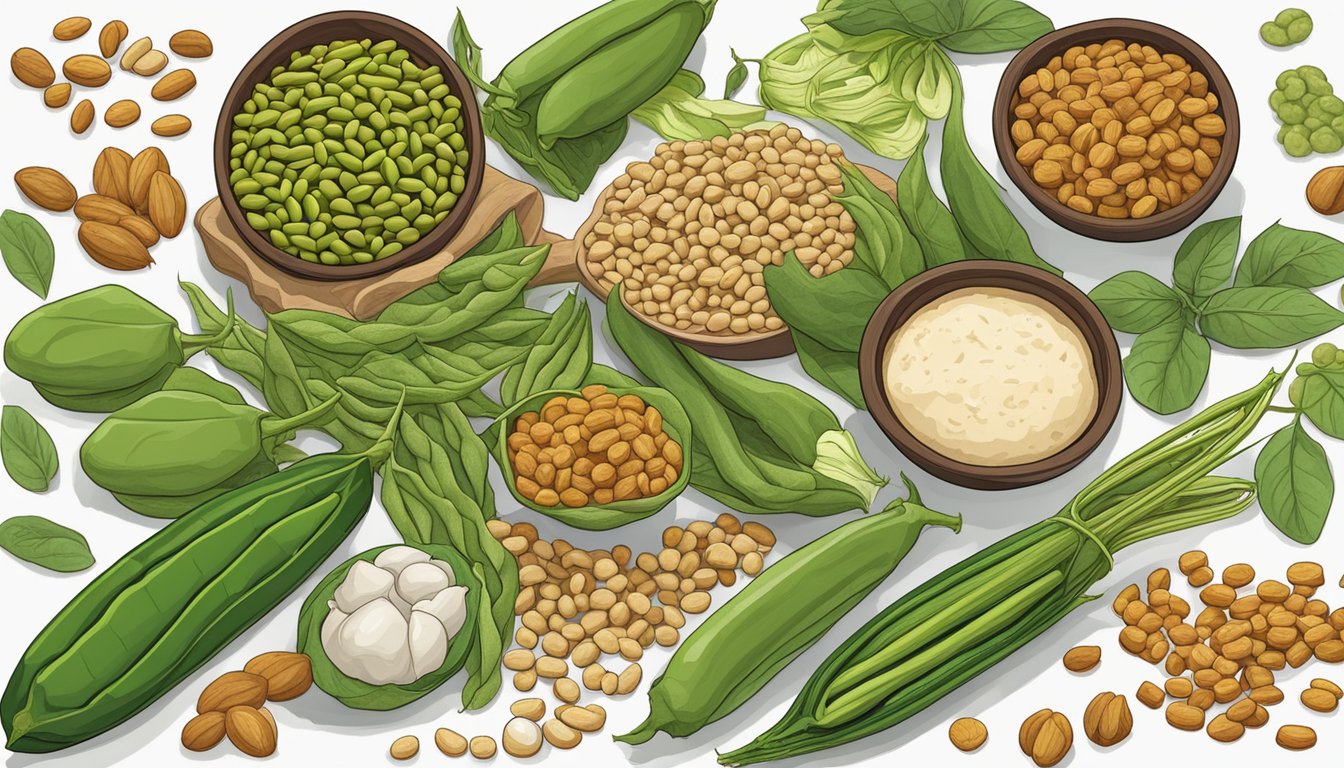 A cluster of cluster beans surrounded by various substitute ingredients, such as tofu, tempeh, and lentils, arranged for comparison