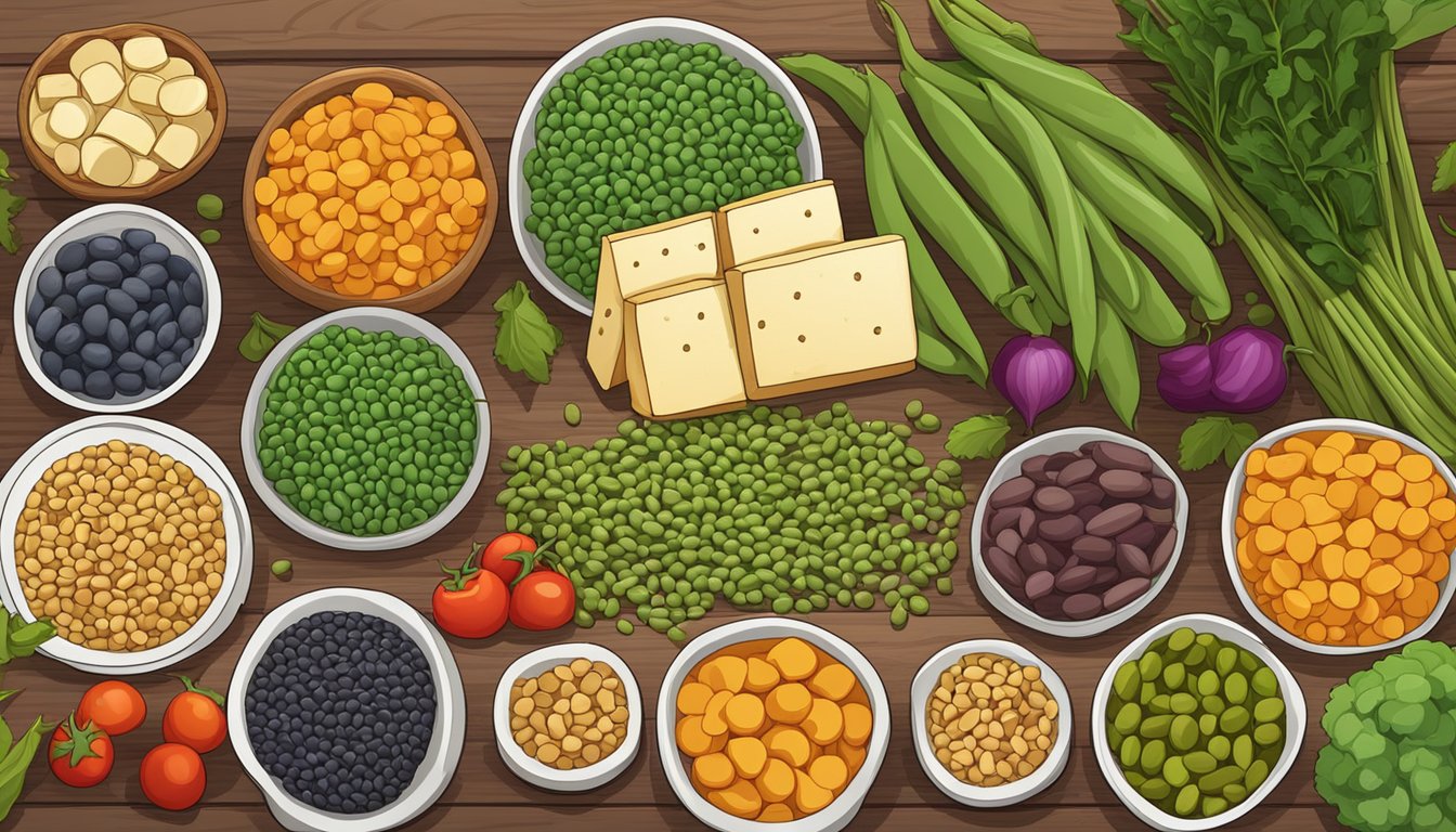 Cluster beans, lentils, and tofu arranged in a colorful display on a wooden table, surrounded by fresh vegetables and fruits