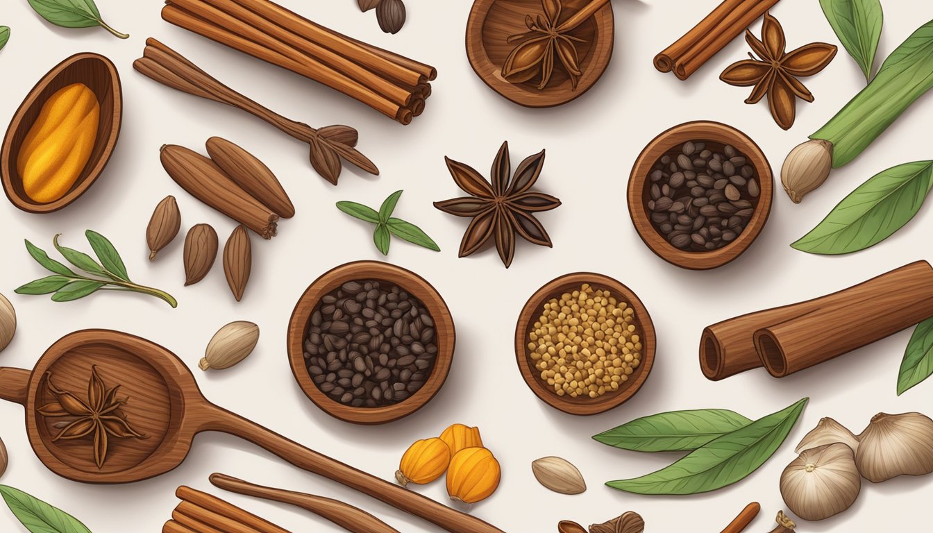 A small dish of whole cloves next to a variety of other spices on a wooden cutting board