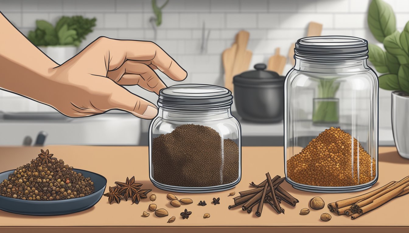 A hand reaching for a jar of cloves, while a variety of alternative spices are displayed on a kitchen counter