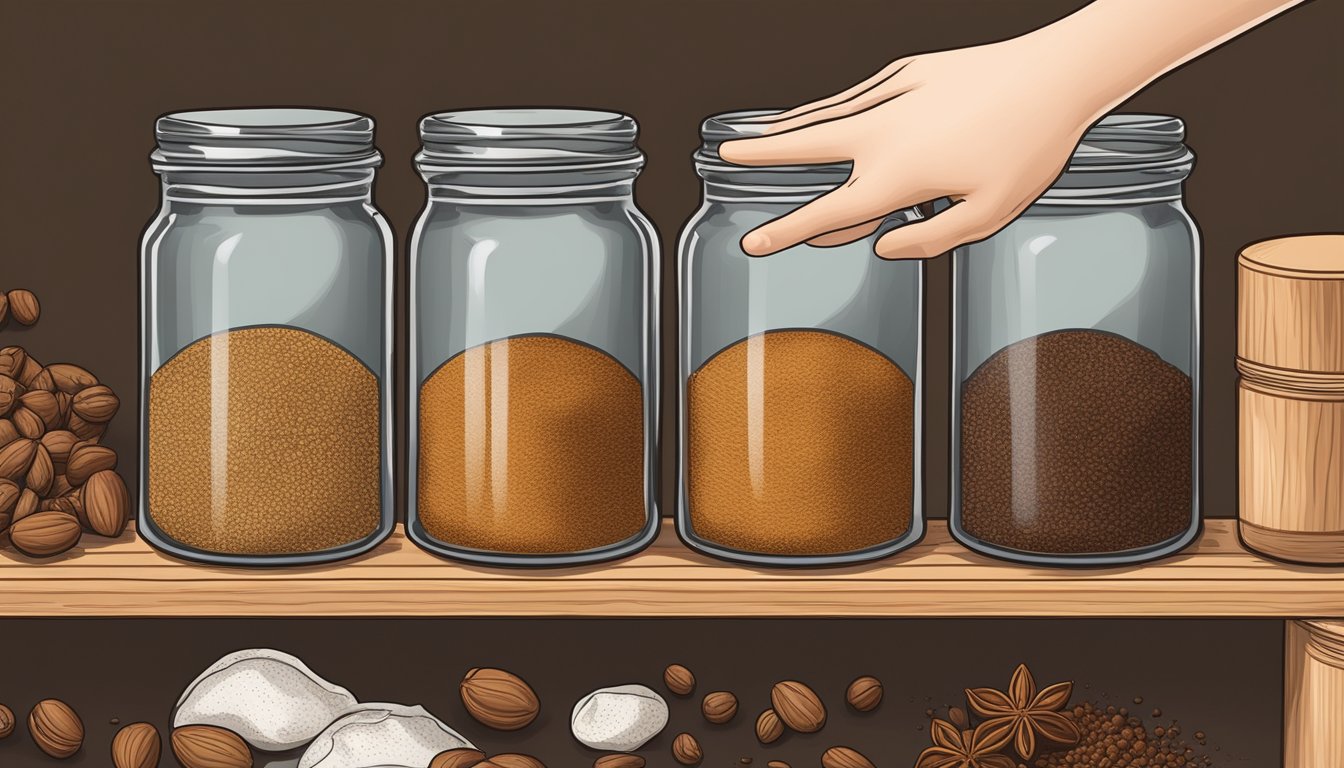 A hand reaching for a jar of whole allspice and a jar of ground nutmeg on a wooden spice rack