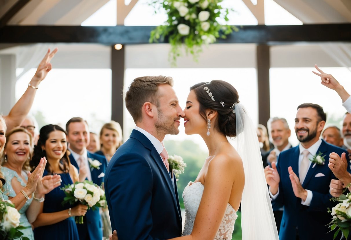 A couple standing face to face, surrounded by cheering guests, with the officiant gesturing for them to kiss
