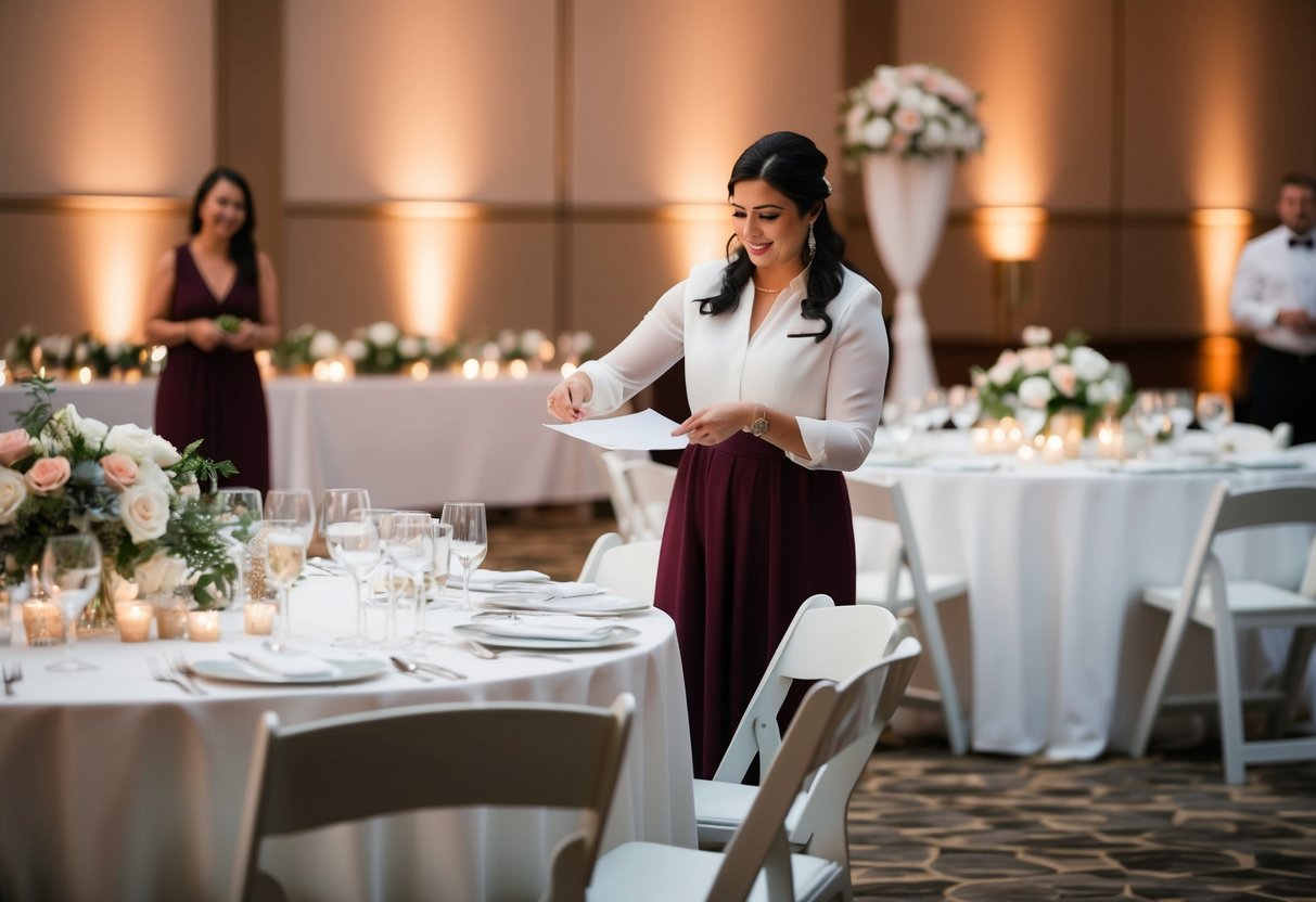 A wedding planner organizes tables, flowers, and decorations for a reception