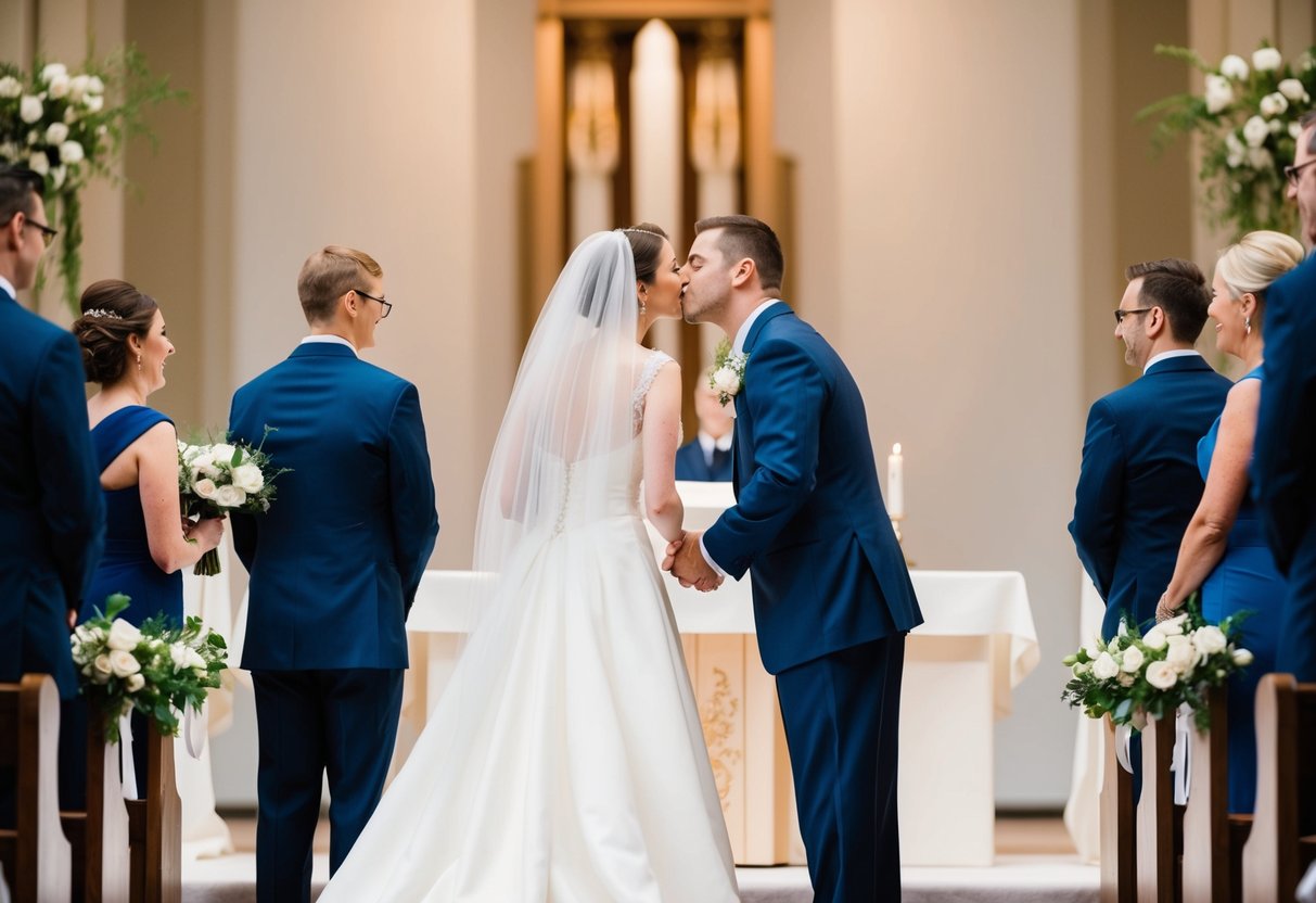 A figure stands at the altar, facing the newlyweds, as they lean in for a kiss