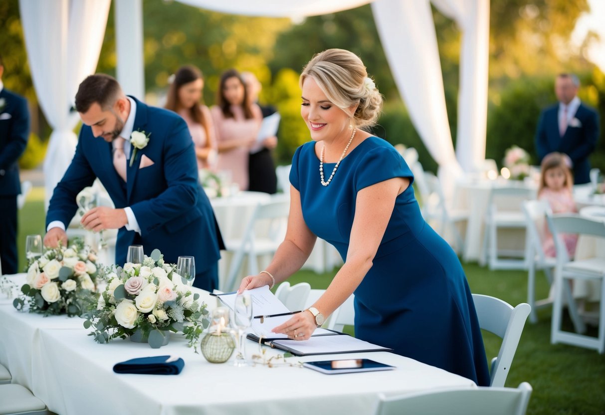 A wedding planner organizes pre-wedding events, coordinating with vendors and overseeing the setup of the venue